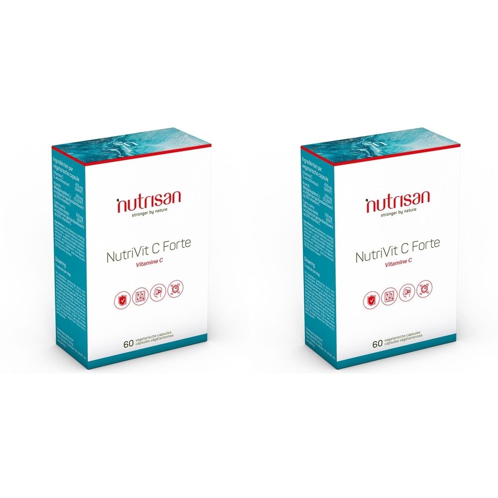 Deux boîtes de Nutrisan Nutrivit C Forte. Emballage blanc avec texte rouge et bleu. Contient 60 gélules.