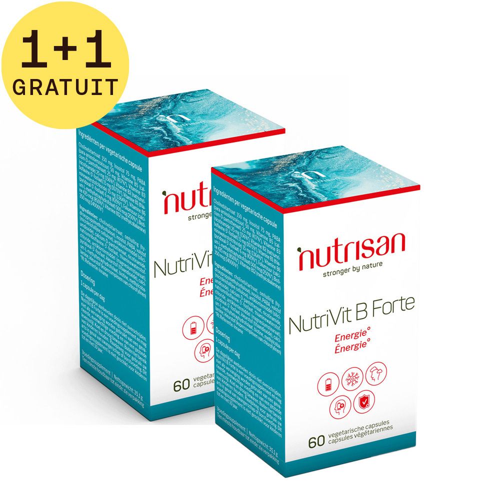 Deux boîtes Nutrisan Nutrivit B Forte avec autocollant 1+1 GRATUIT. Inscription: Energie. 60 capsules. Marque et nom.