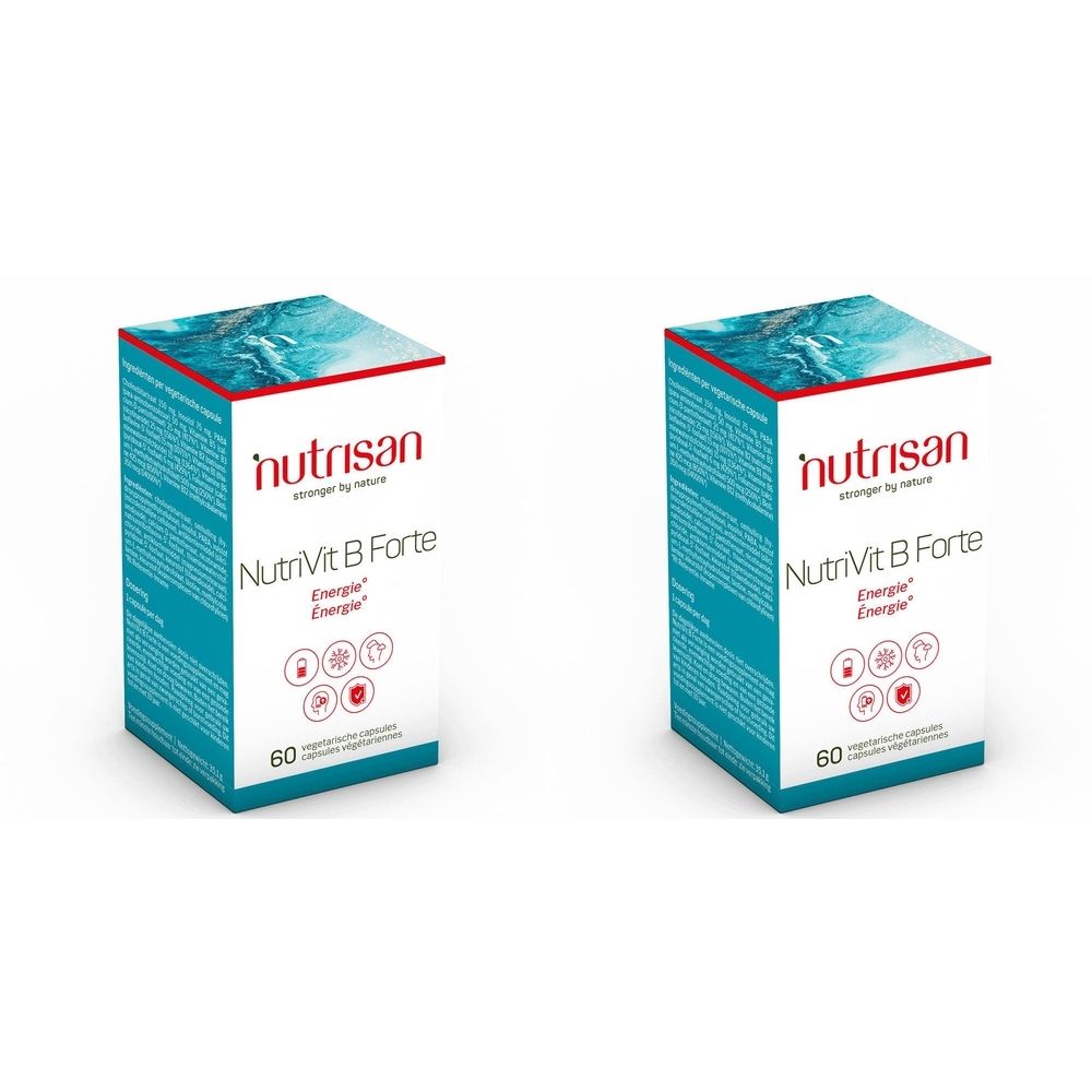 Deux boîtes Nutrisan Nutrivit B Forte. Inscription: Energie. 60 capsules. Marque et nom du produit clairement visibles.