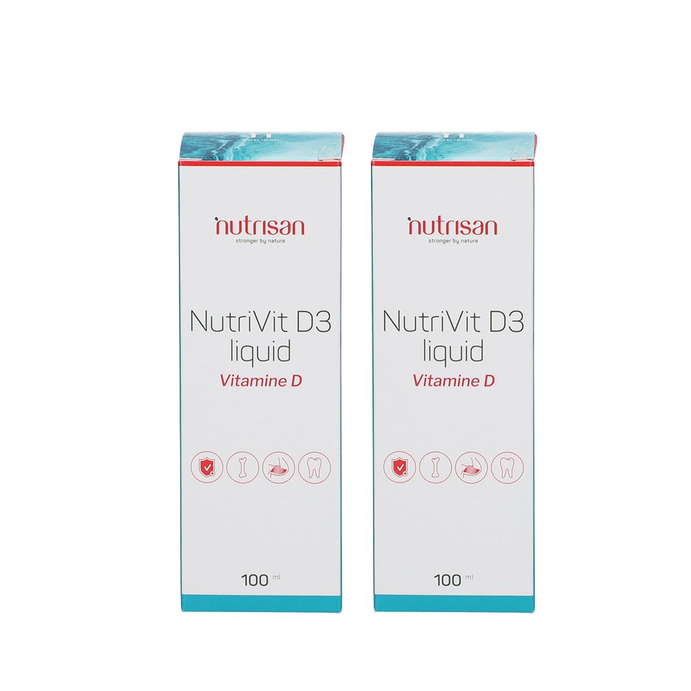 Deux boîtes de Nutrisan NutriVit D3 Liquid. Inscription: NutriVit D3 liquid, Vitamine D.