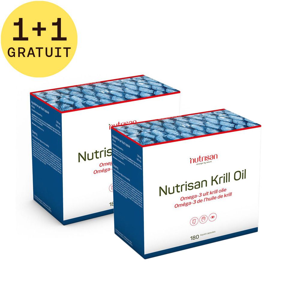 Deux boîtes avec texte bleu et motif écailles. Inscription: Nutrisan Krill Oil, Oméga 3 de krill. Autocollant 1+1 GRATUIT.