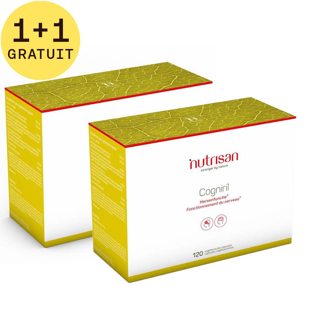 Deux boîtes blanches avec couvercles jaunes et bordure rouge. Inscription "Nutrisan Cogniril". 120 capsules. Autocollant "1+1 GRATUIT".