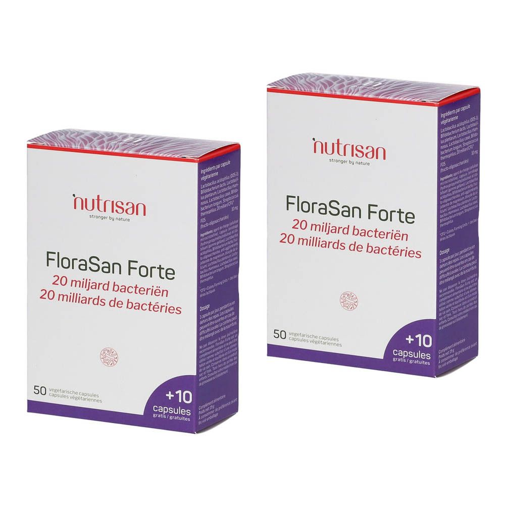 Deux boîtes de produit. Inscription: FloraSan Forte, 20 milliards de bactéries. 1+1 GRATUIT.