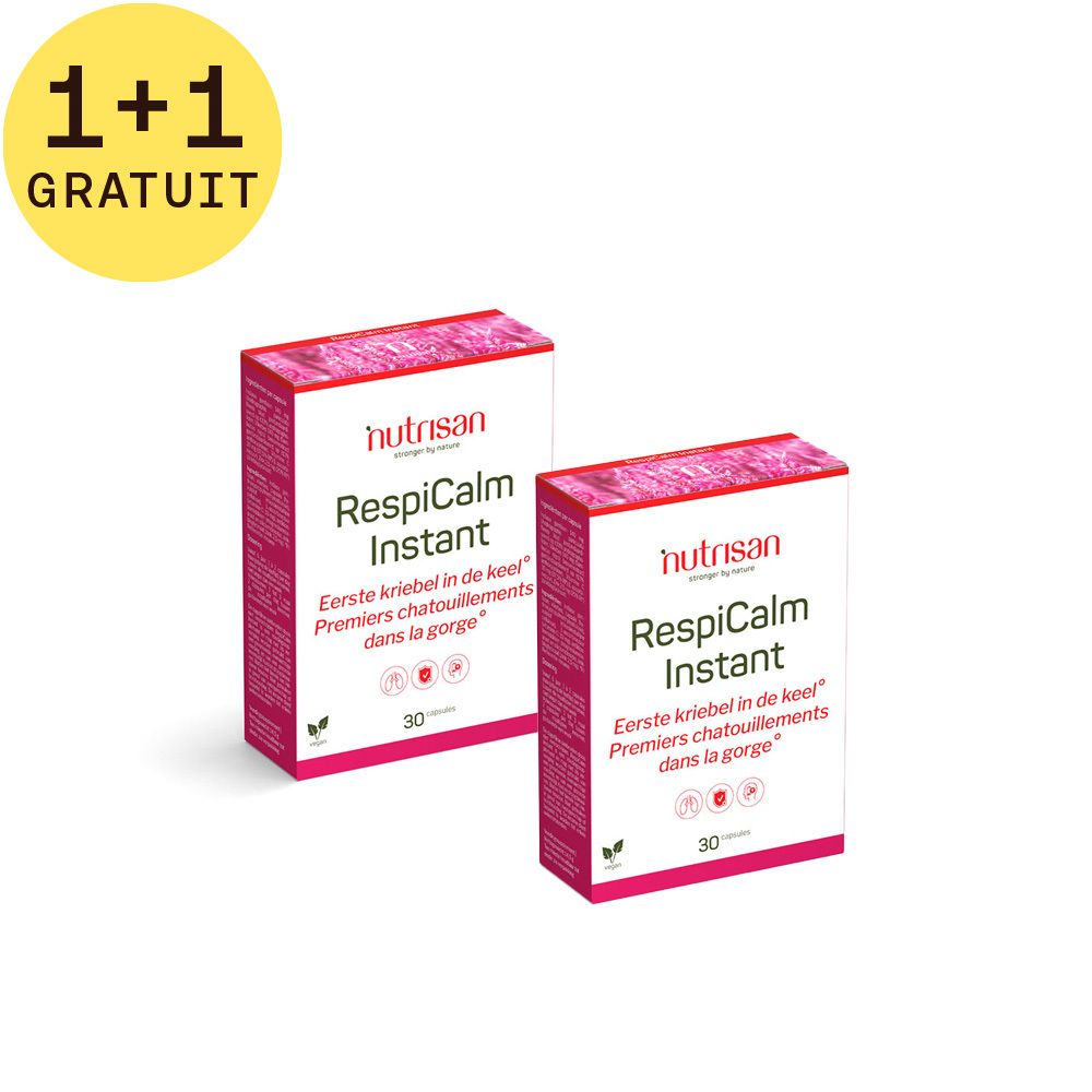 Deux boîtes avec texte rouge et blanc. Inscription: Nutrisan RespiCalm Instant. 1+1 GRATUIT. 30 comprimés.