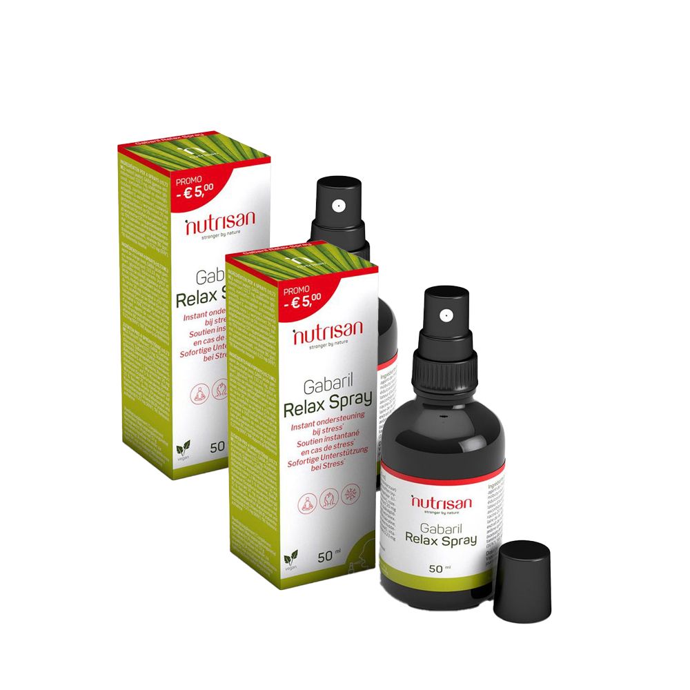 Deux flacons et deux boîtes. Les flacons indiquent "Gabaril Relax Spray". Les boîtes affichent "1+1 GRATUIT".