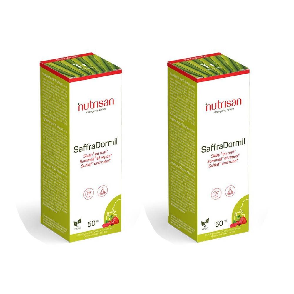 Deux boîtes vertes avec couvercle rouge. Inscription: Nutrisan SaffraDormil. Texte en allemand, français et néerlandais. 50 ml.