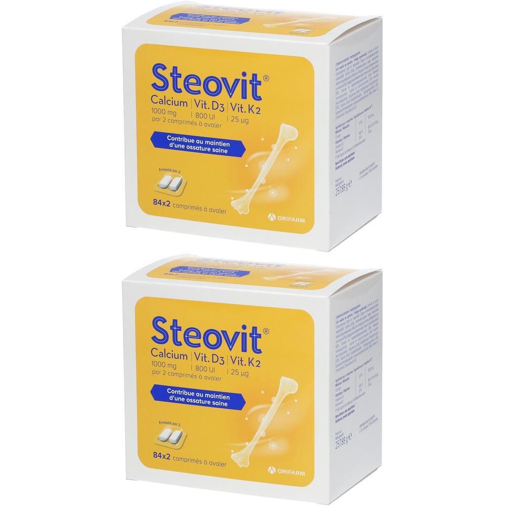 Deux boîtes de Steovit Calcium, Vitamine D3, Vitamine K2. Chaque boîte contient 84x2 comprimés.