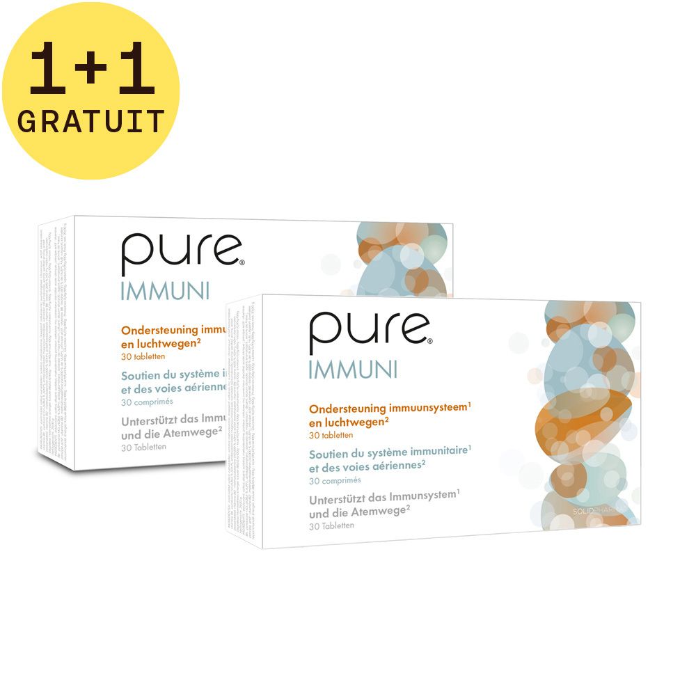 Deux boîtes "pure IMMUNI". En haut à gauche: "1+1 GRATUIT". Texte: "Ondersteuning immuunsysteem en luchtwegen".