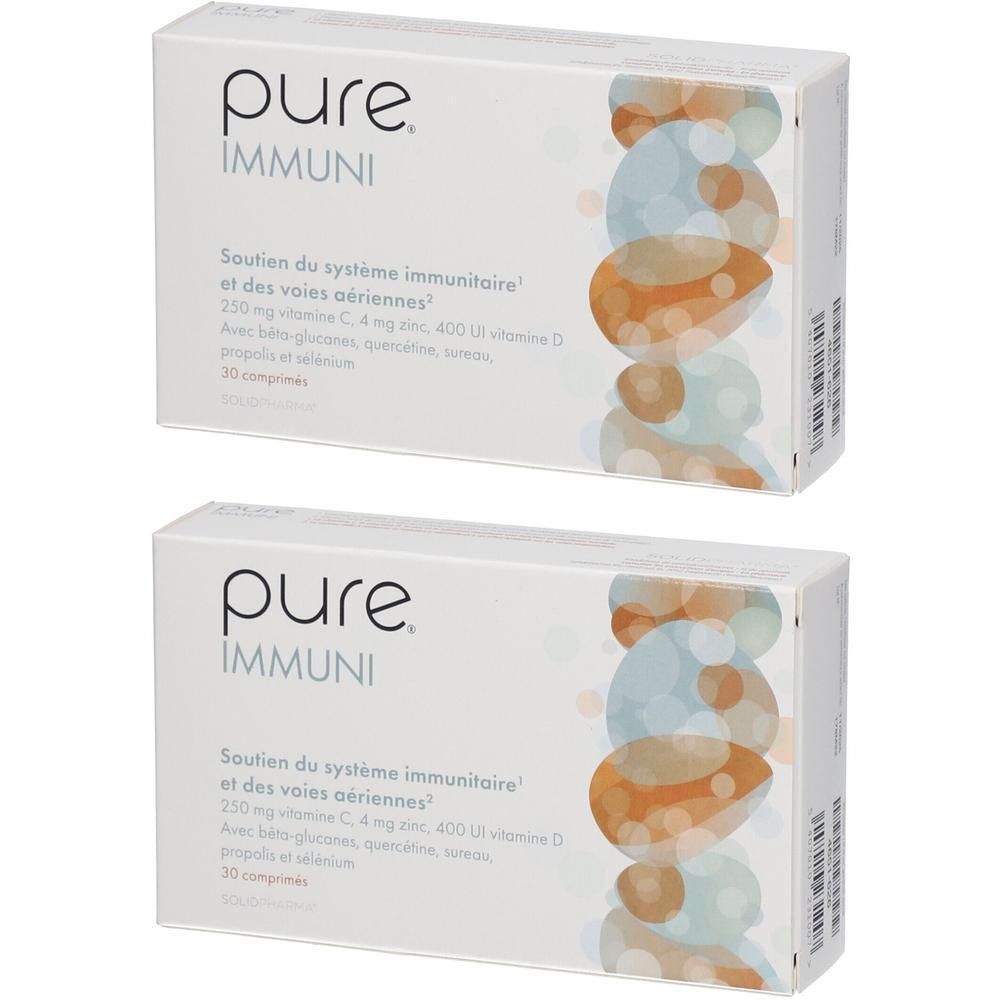 Deux boîtes blanches avec "pure IMMUNI". Texte: "Soutien du système immunitaire et des voies aériennes". 30 comprimés.