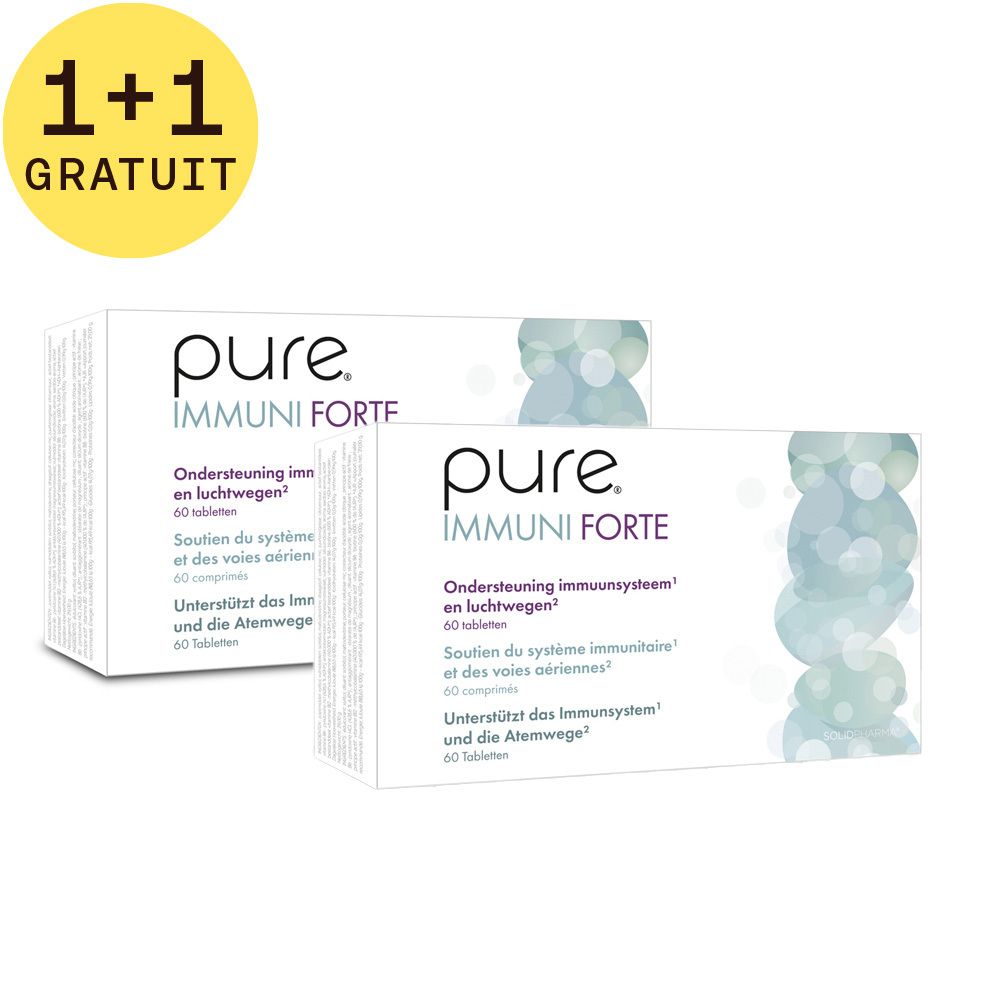 Deux boîtes blanches "pure IMMUNI FORTE" avec "1+1 GRATUIT" dans un cercle jaune. Texte en néerlandais, français et allemand.