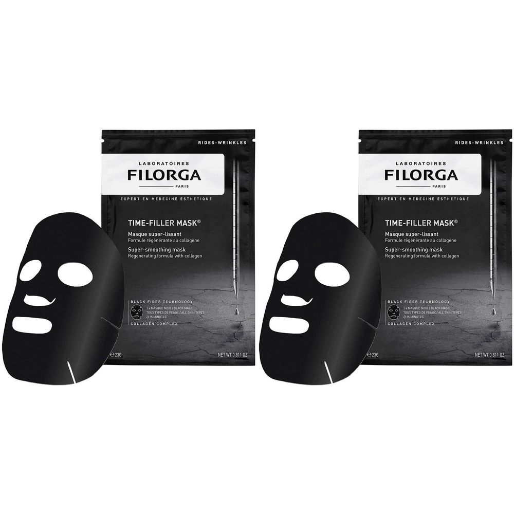 Deux masques noirs pour le visage et des emballages. Sur les emballages, on lit FILORGA TIME-FILLER MASK®.