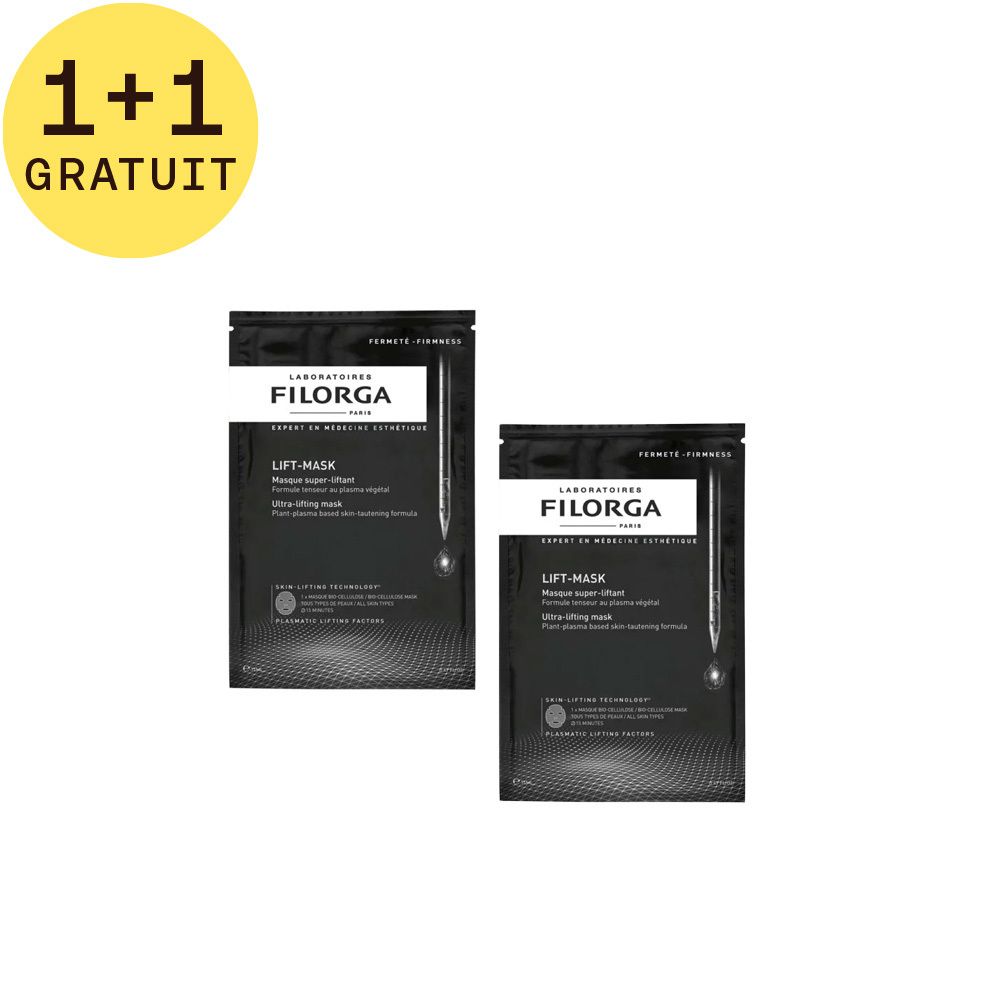 Deux sachets noirs Filorga Lift-Mask avec étiquette 1+1 GRATUIT. Texte: Lift-Mask, Ultra-lifting mask, Laboratoires Filorga Paris.