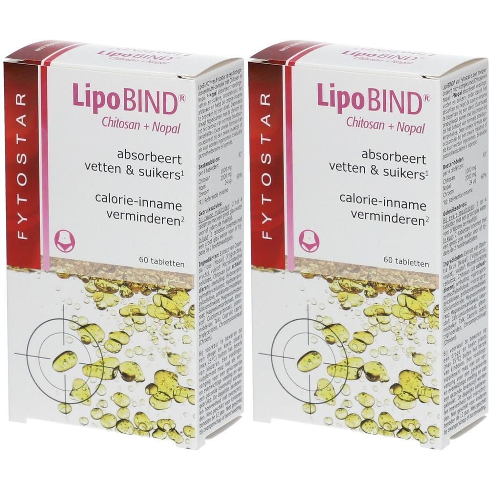 Deux boîtes de FYTOSTAR LipoBIND® Chitosan + Nopal. Inscription: absorbeert vetten & suikers, calorie-inname verminderen. 60 comprimés.