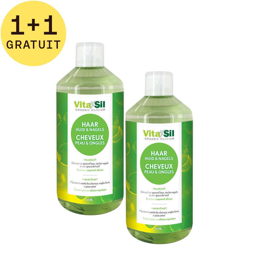 Deux flacons Vitasil Organic Silicium avec offre 1+1 gratuit. Étiquettes vertes. Pour peau, cheveux, ongles. 500ml.