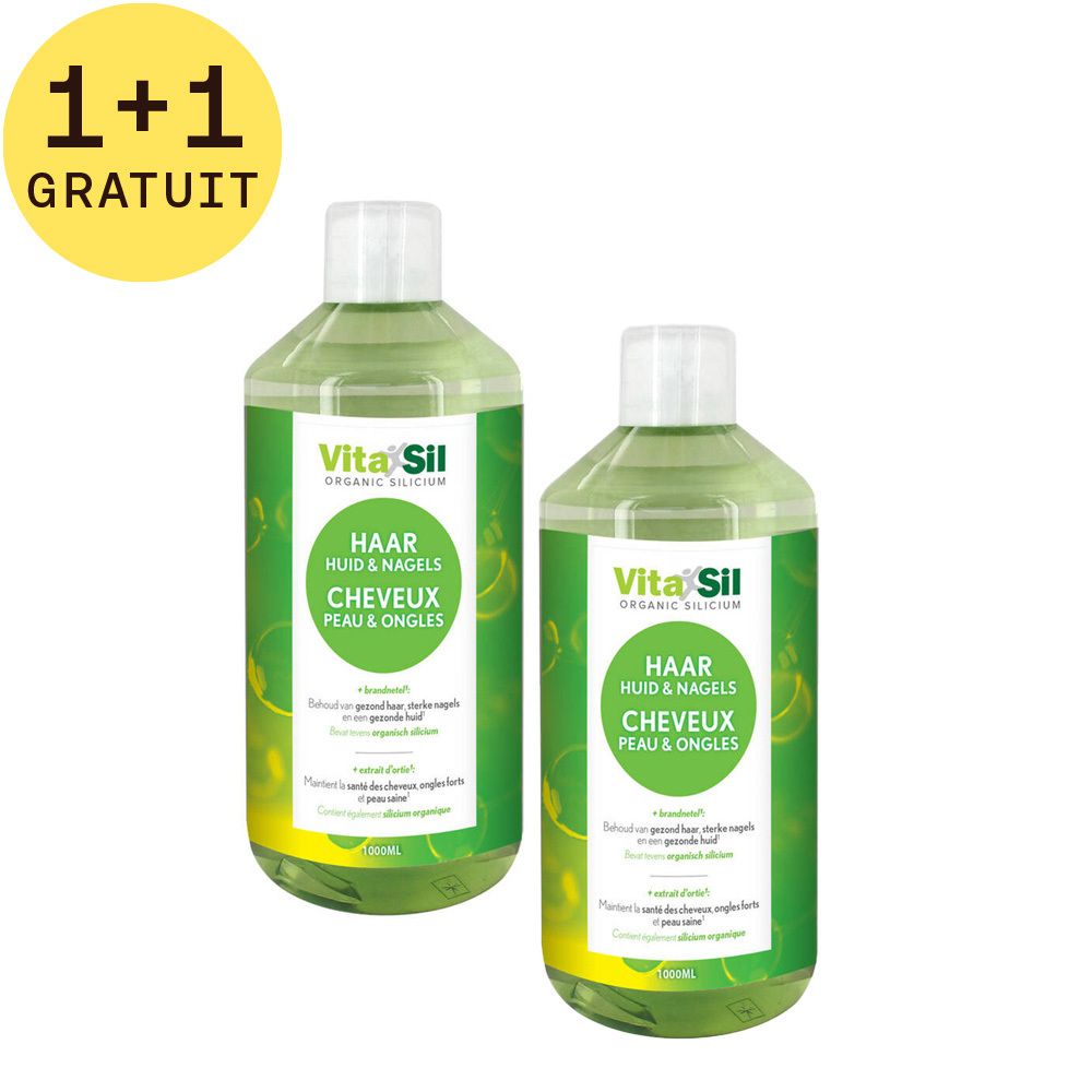 Deux flacons de liquide verdâtre. Inscription: VitaSil Organic Silicium. Texte en néerlandais et français. 1+1 GRATUIT.