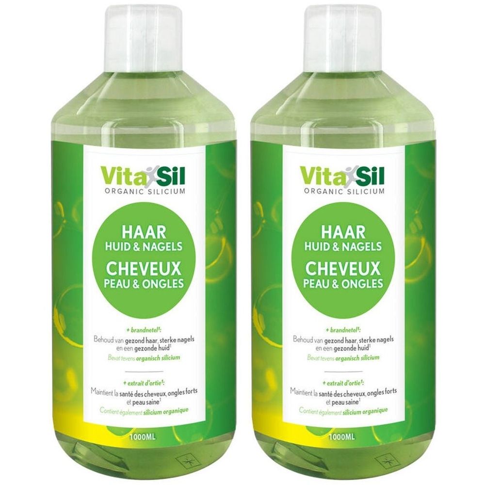 Deux flacons de liquide verdâtre. Inscription: VitaSil Organic Silicium. Texte en néerlandais et français. 1000ml.