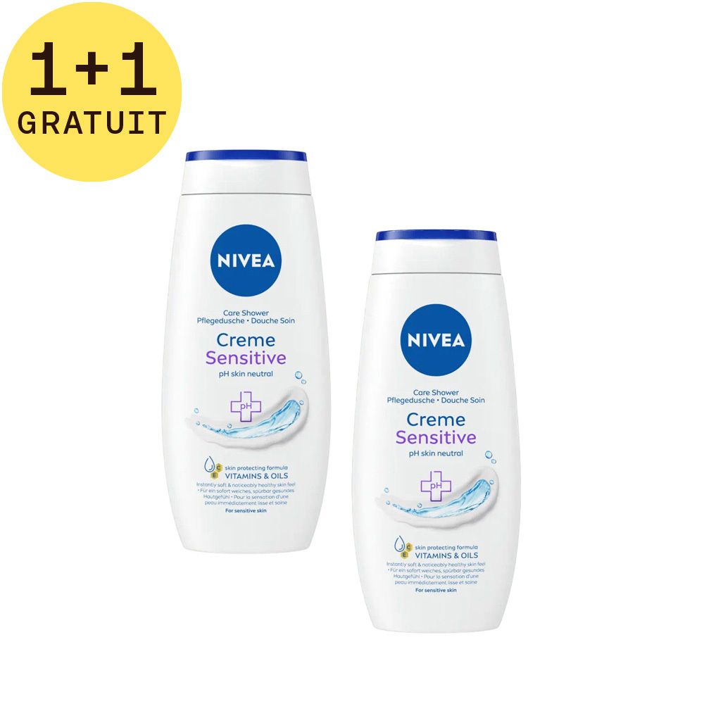 Deux flacons blancs de gel douche avec bouchon bleu. Inscription: NIVEA, Creme Sensitive, pH neutre pour la peau. Étiquette 1+1 GRATUIT.