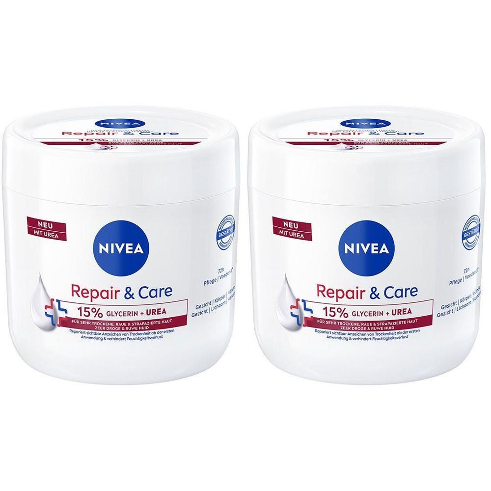 Deux pots blancs Nivea Repair & Care. Inscription : 15% Glycérine + Urée. Bande rouge avec texte. Cercle bleu Nivea.