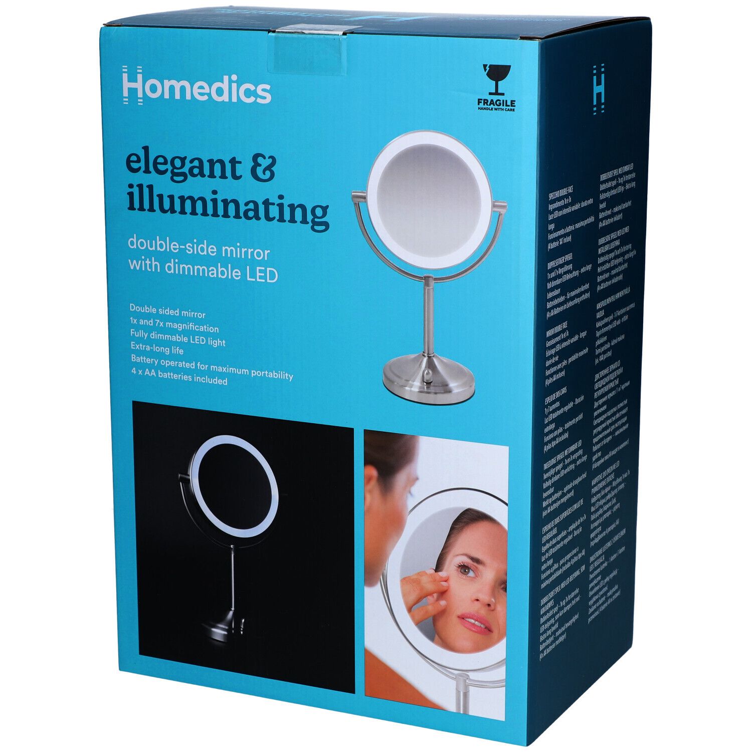 Emballage du miroir compact Deluxe LED sans fil Homedics. Miroir double face avec éclairage LED. Fonctionne sur piles. Piles incluses.