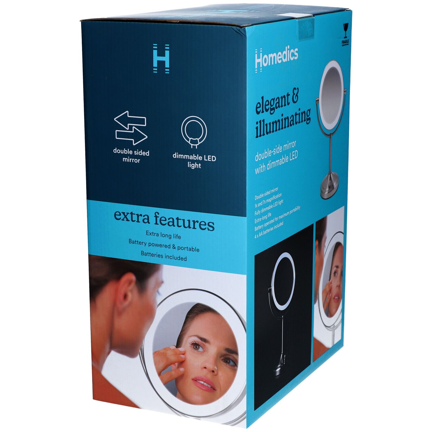 Emballage du miroir compact Deluxe LED sans fil Homedics. Miroir double face avec éclairage LED. Longue durée de vie. Fonctionne sur piles.