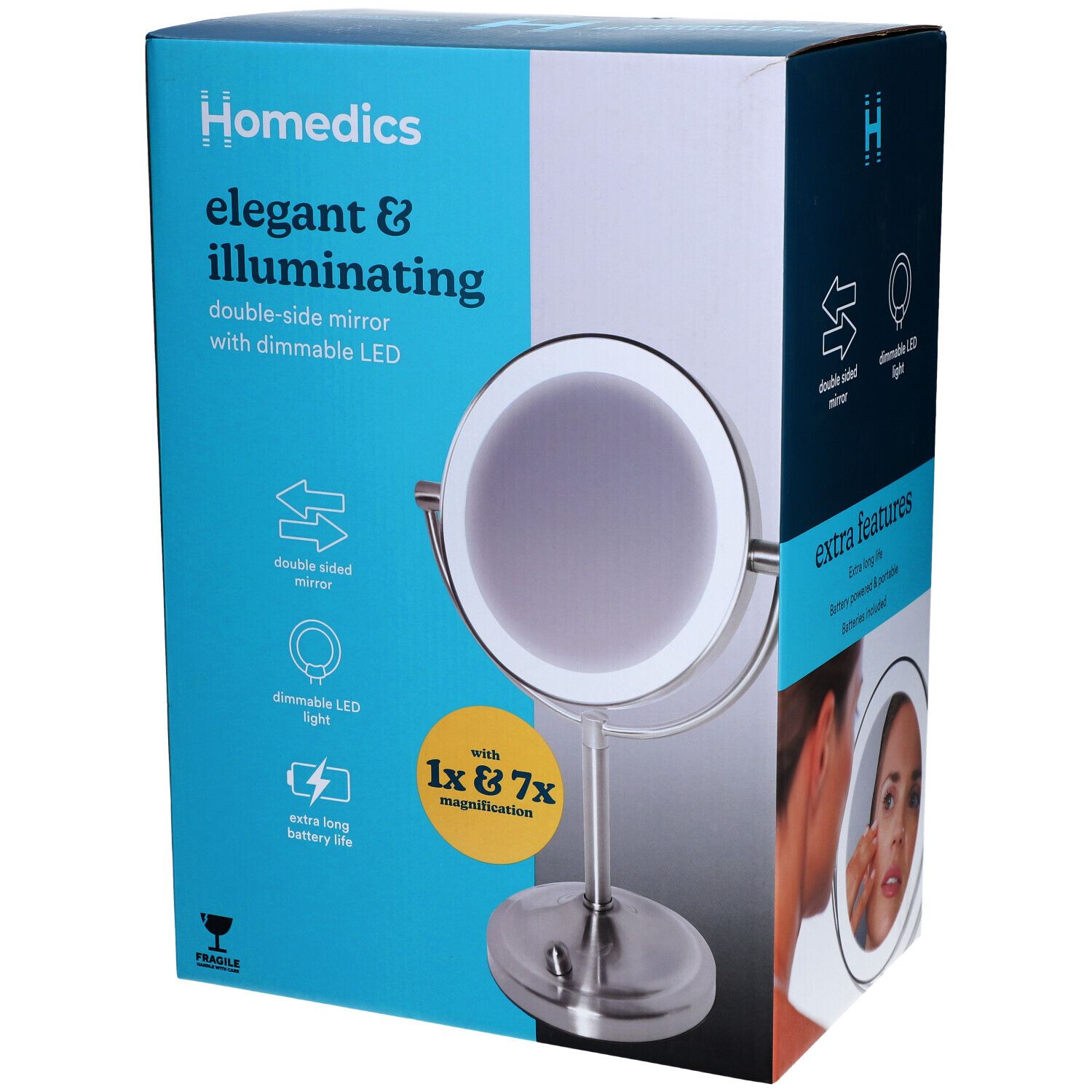 Emballage du miroir compact Deluxe LED sans fil Homedics. Miroir double face avec éclairage LED. Grossissement 1x et 7x.