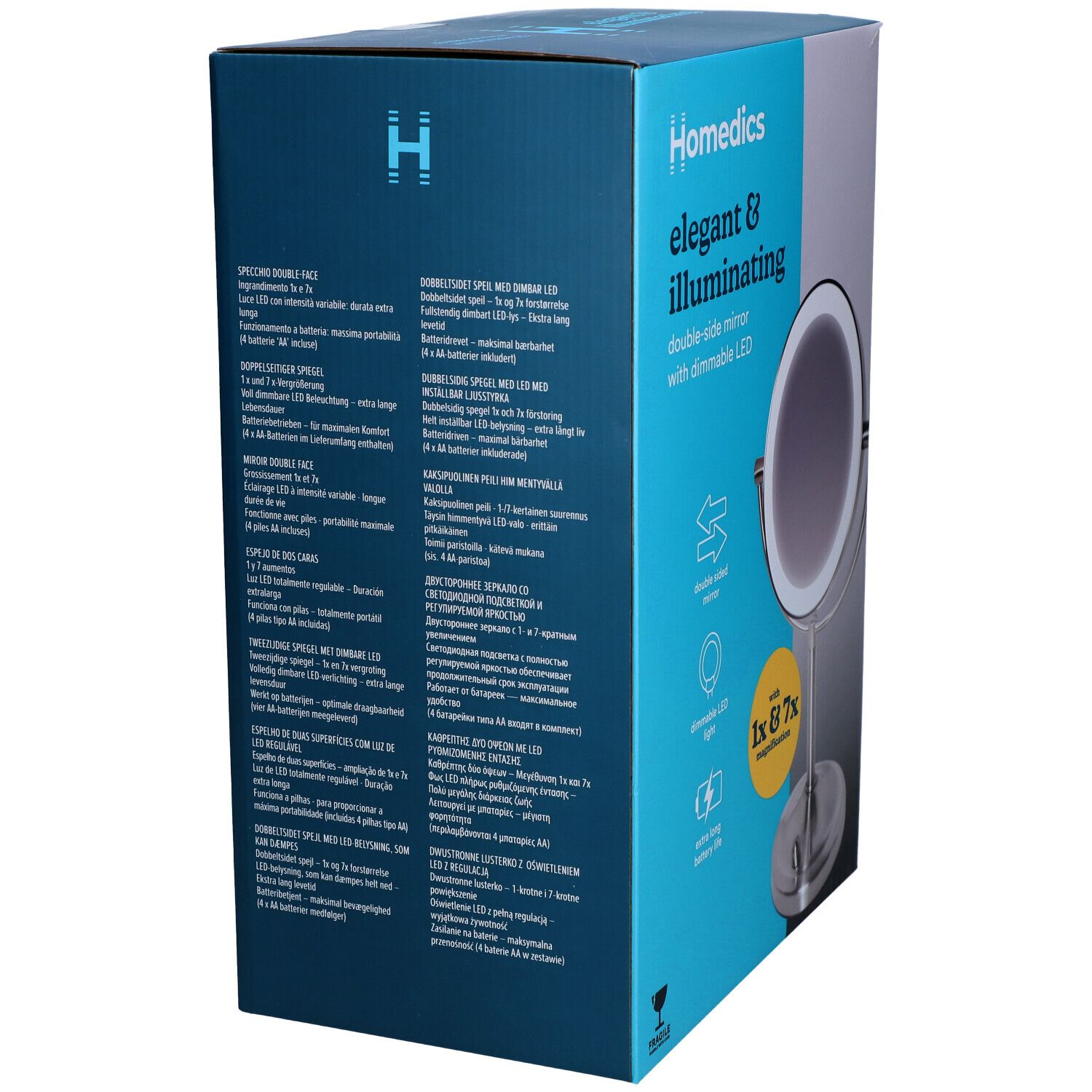 Emballage du miroir compact Deluxe LED sans fil Homedics. Miroir double face avec éclairage LED. Grossissement 1x et 7x. Informations produit.