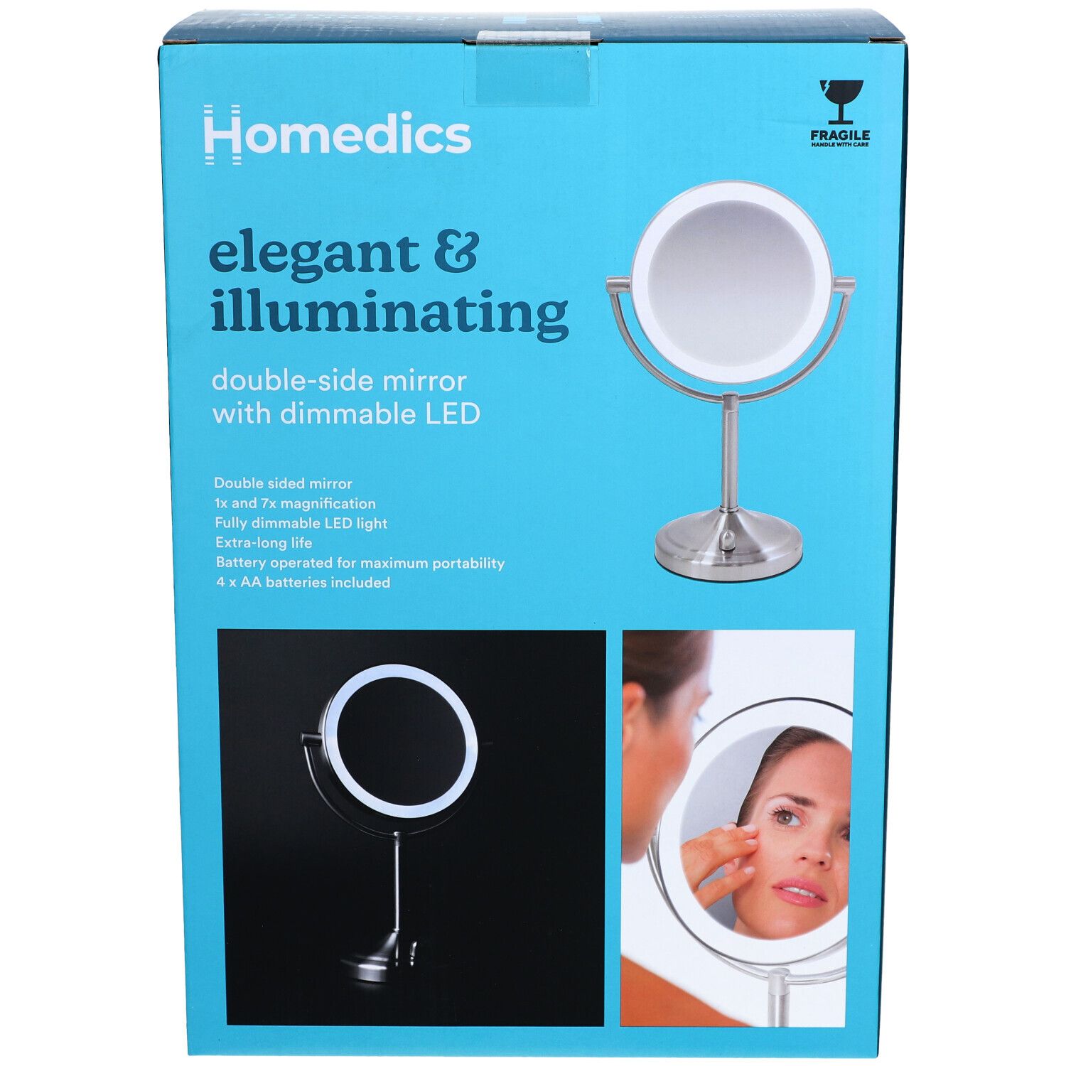 Emballage du miroir compact Deluxe LED sans fil Homedics. Miroir double face avec éclairage LED. Grossissement 1x et 7x. Fonctionne sur piles.