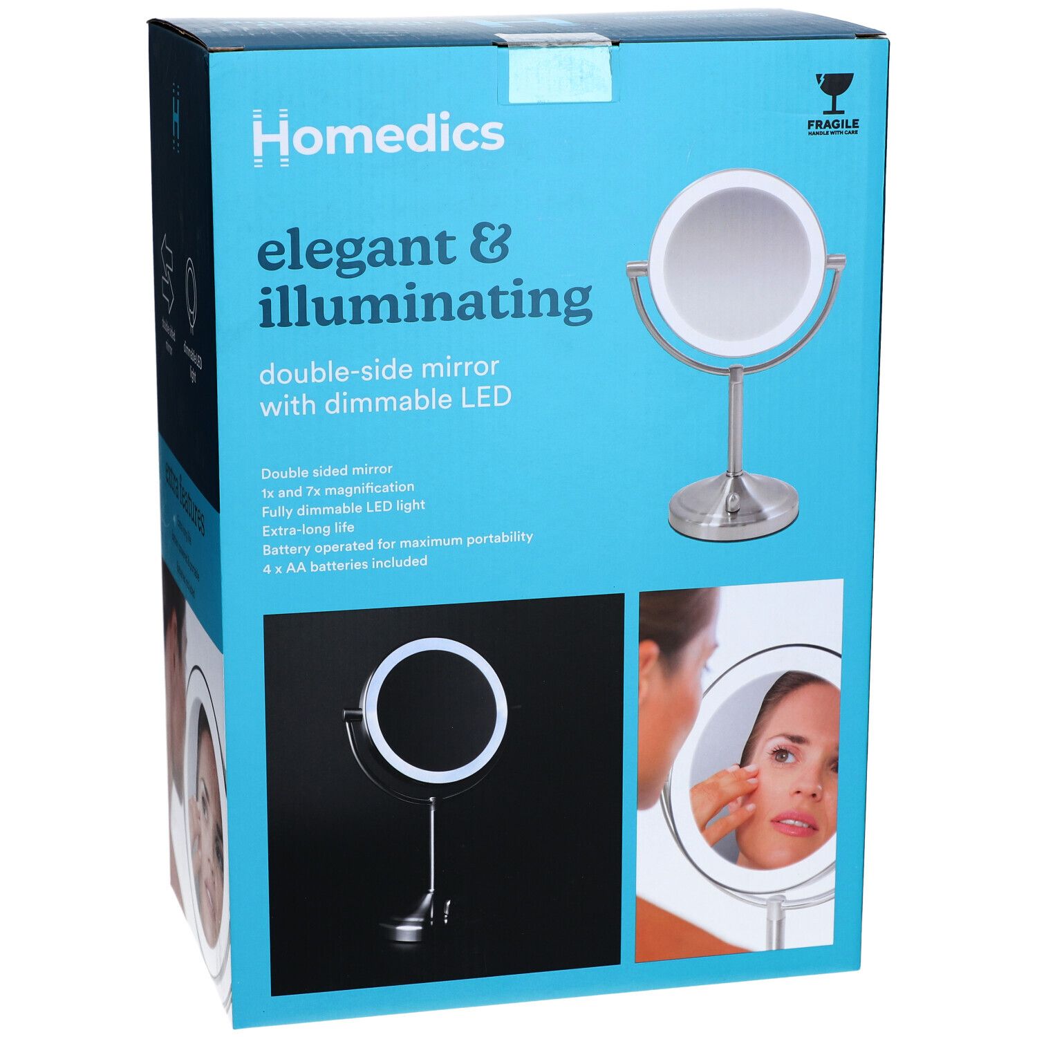 Emballage du miroir compact Deluxe LED sans fil Homedics. Miroir double face avec éclairage LED. Grossissement 1x et 7x. Fonctionne sur piles.