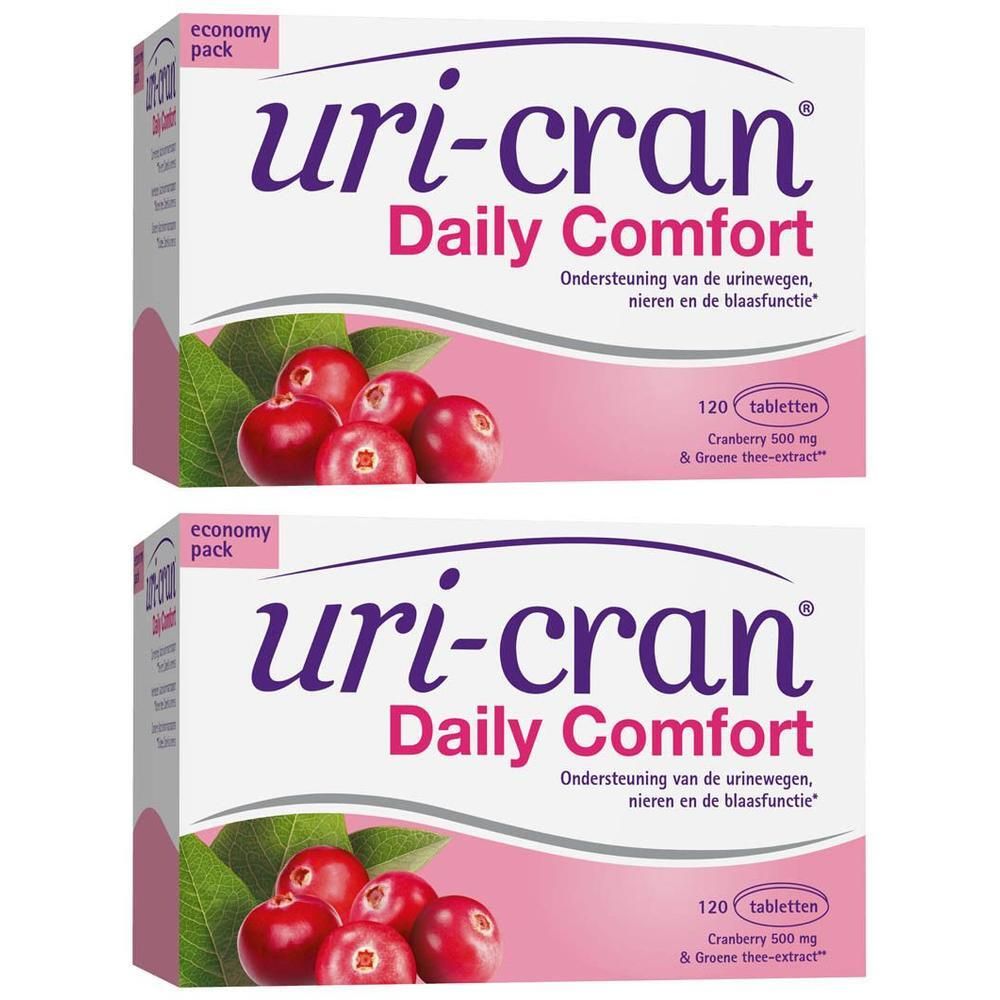 Deux boîtes Uri-cran Daily Comfort. Boîtes blanches avec texte violet et image de canneberges. Contient 120 comprimés.
