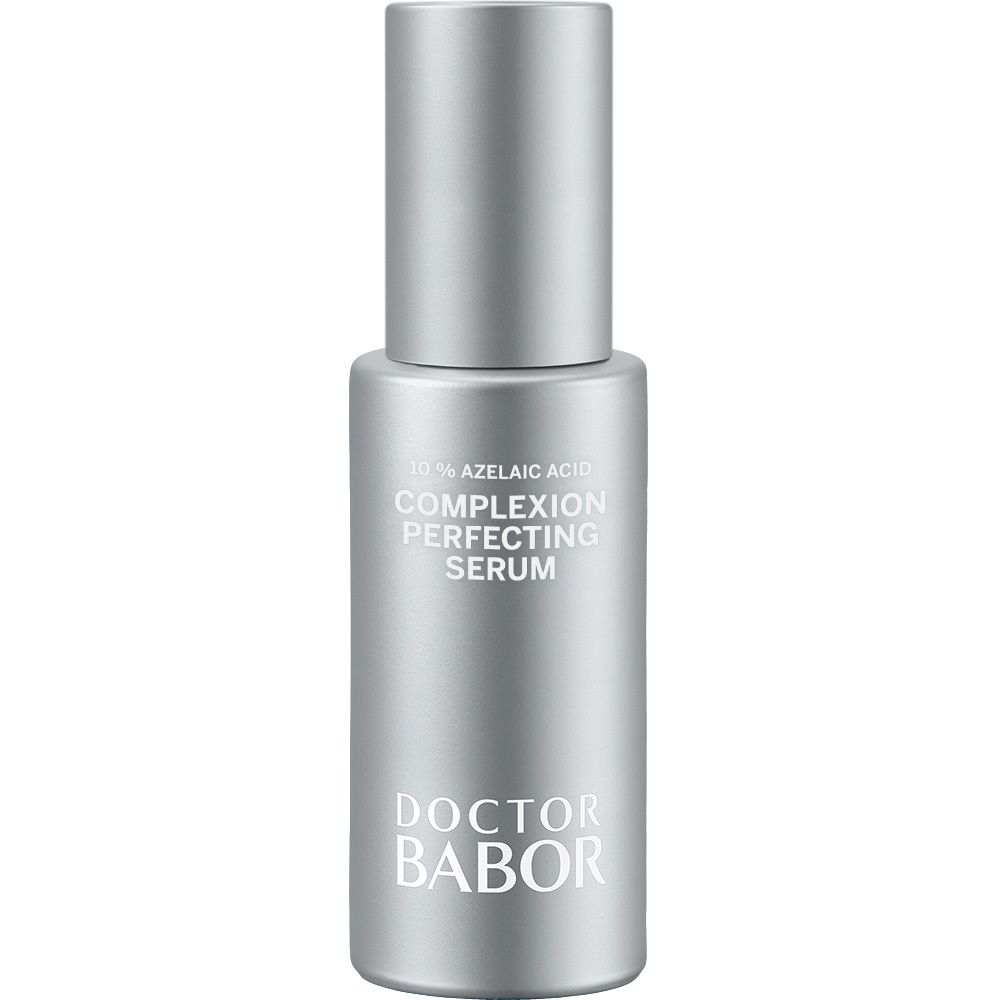 Flacon argenté avec bouchon argenté. Inscription : 10% acide azélaïque, Complexion Perfecting Serum, DOCTOR BABOR.