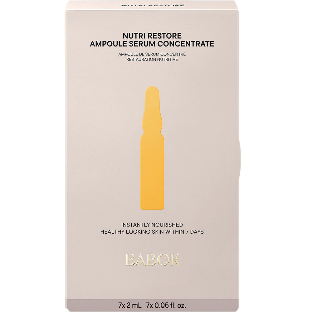 Boîte blanche avec nom du produit et image d'ampoule. Texte : Nutri Restore, Babor.
