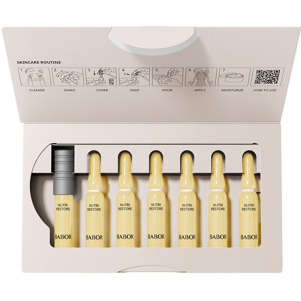 Emballage ouvert avec ampoules. Texte : Nutri Restore, Babor, instructions d'utilisation.