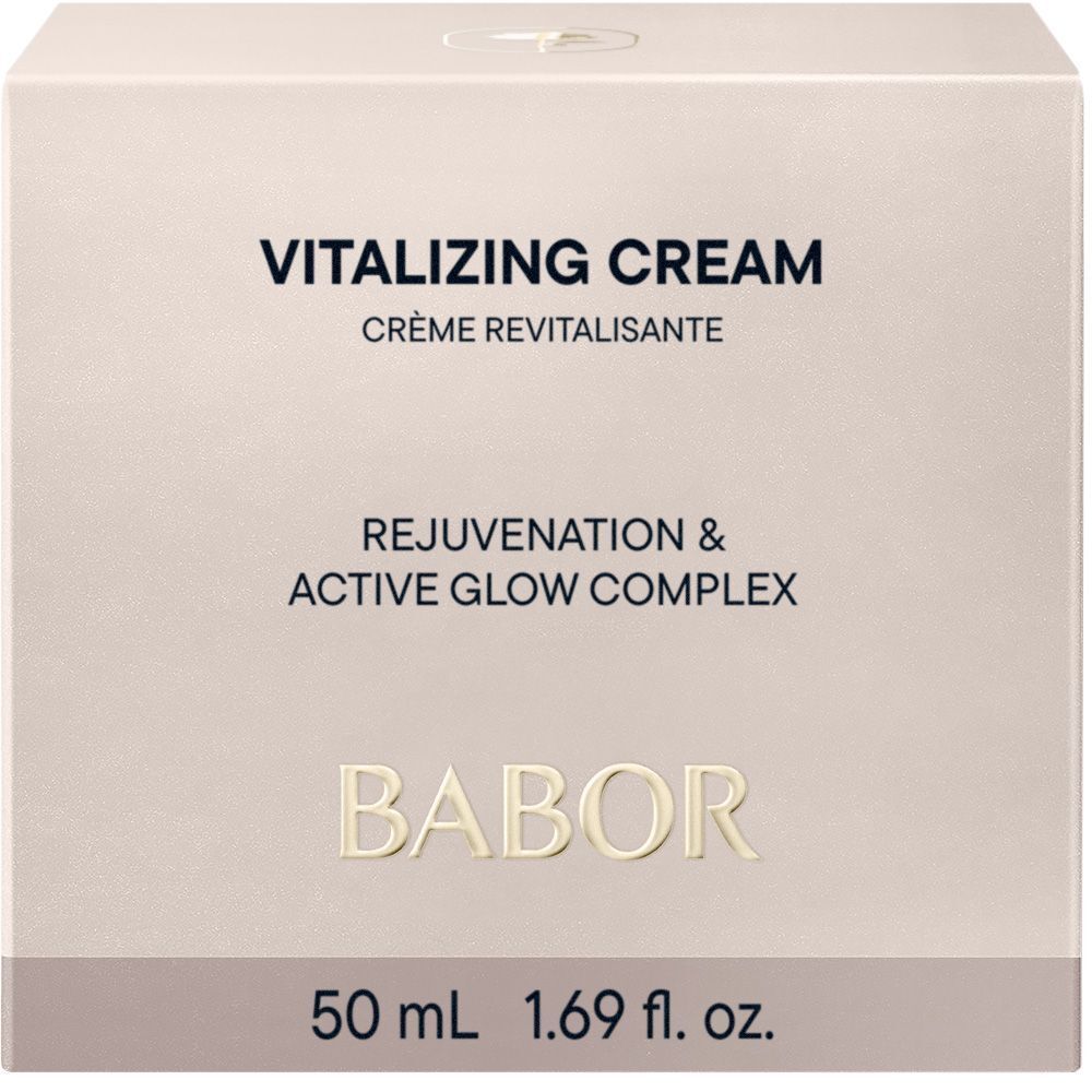 Emballage rose. Inscription : VITALIZING CREAM, BABOR. Texte : REJUVENATION & ACTIVE GLOW COMPLEX. 50 ml.