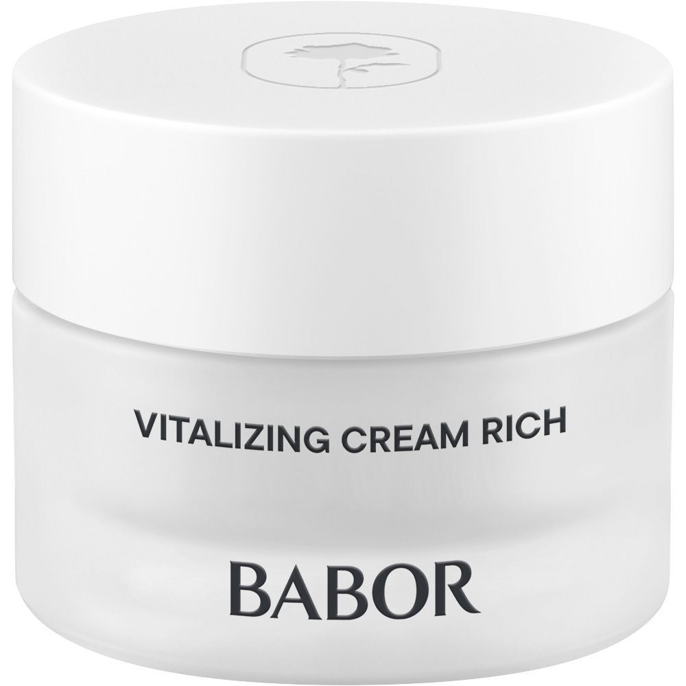 Pot de crème avec couvercle blanc. VITALIZING CREAM RICH et BABOR sont écrits sur le pot.
