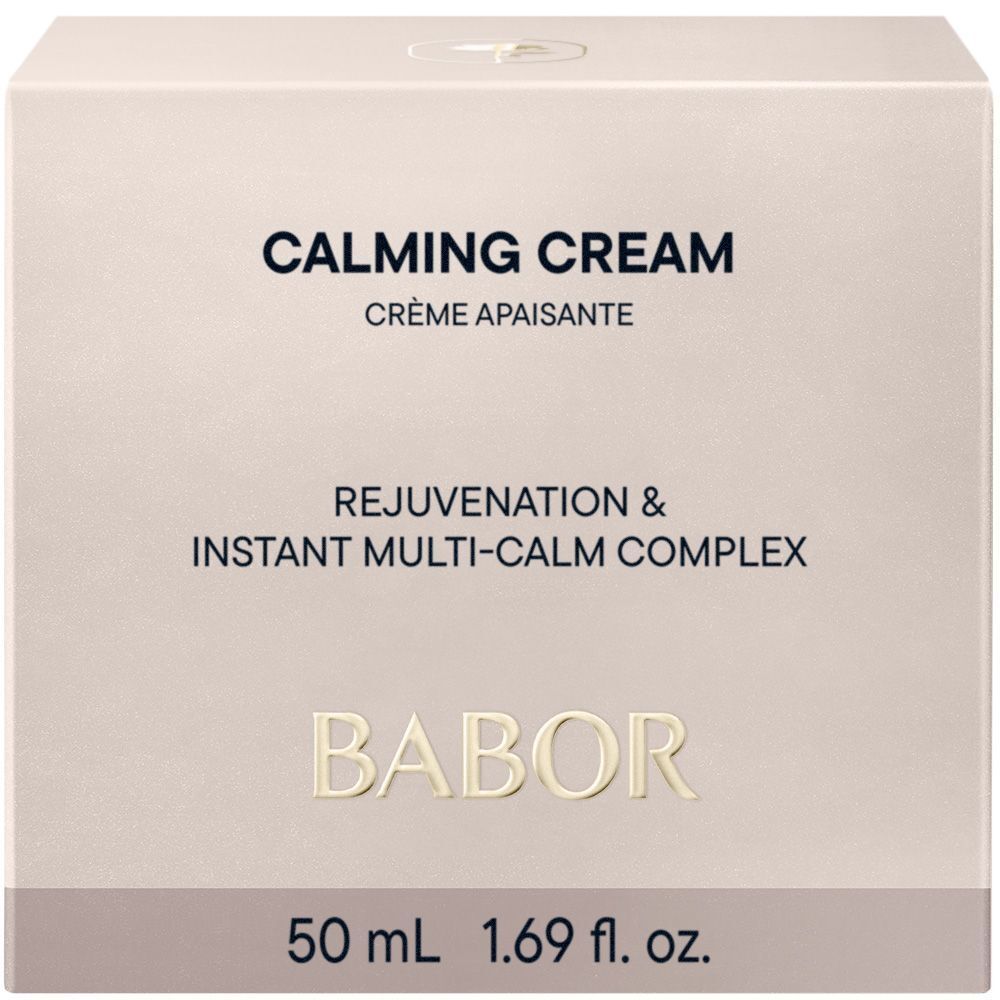 Boîte blanche avec CALMING CREAM et BABOR. 50 ml sont inscrits sur la boîte.
