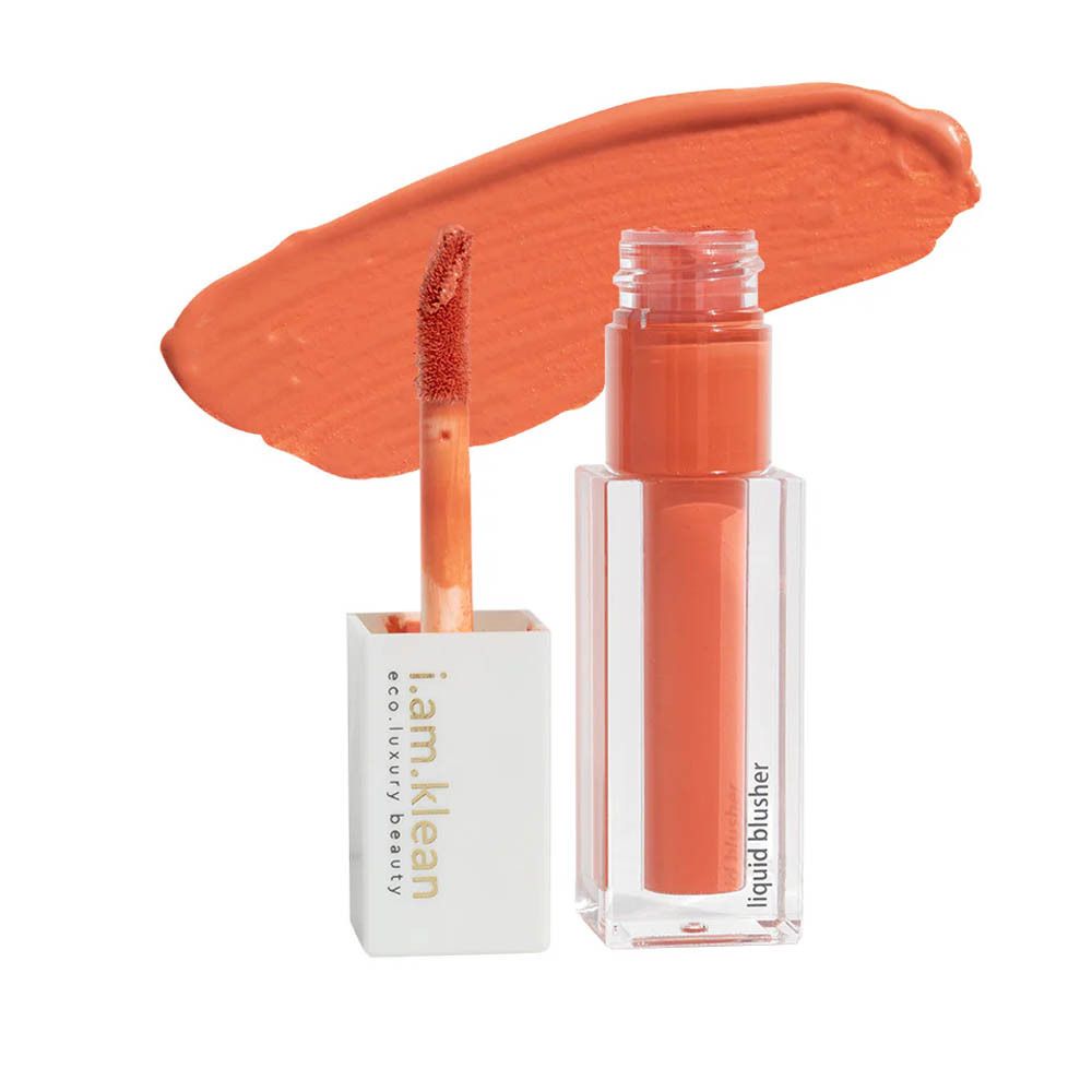 Blush liquide avec applicateur et échantillon de couleur. Inscription : i.am.klean, liquid blusher.