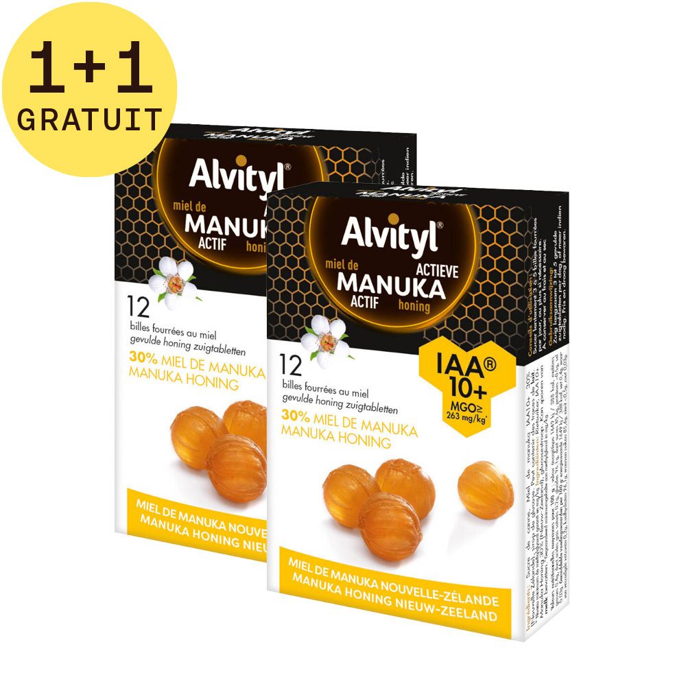 Deux boîtes Alvityl® Billes Fourrées au Miel. Inscription: Actieve Manuka Honing, certification IAA 10+. 1+1 GRATUIT.