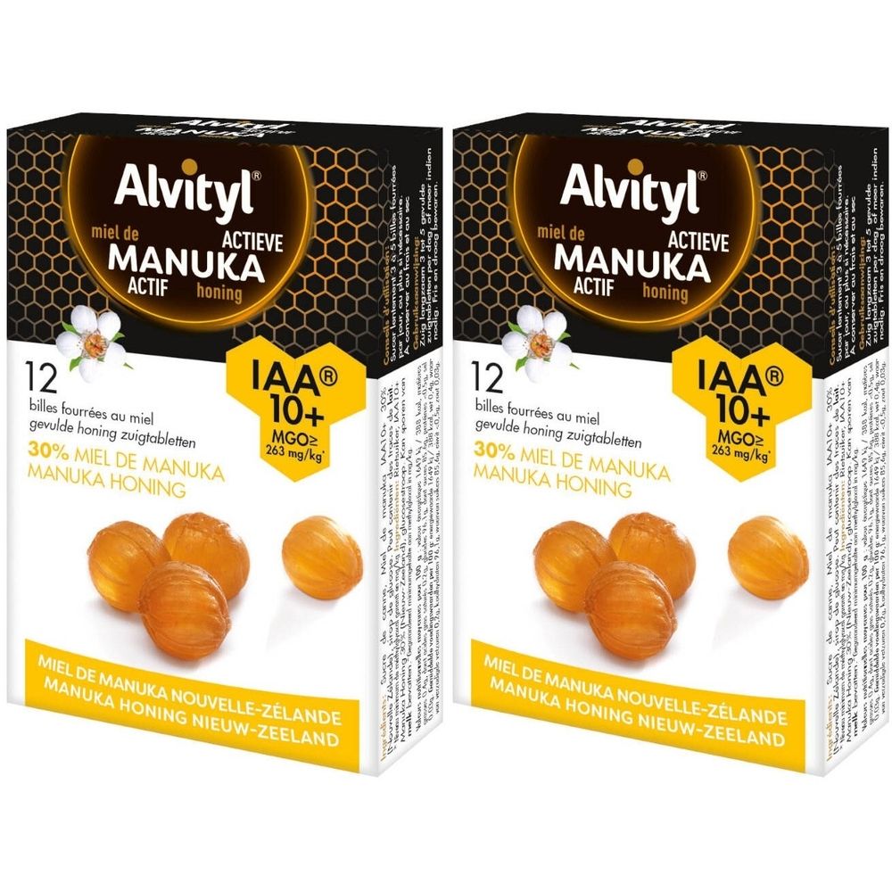 Deux boîtes Alvityl® Billes Fourrées au Miel. Inscription: Actieve Manuka Honing, certification IAA 10+. 12 billes.