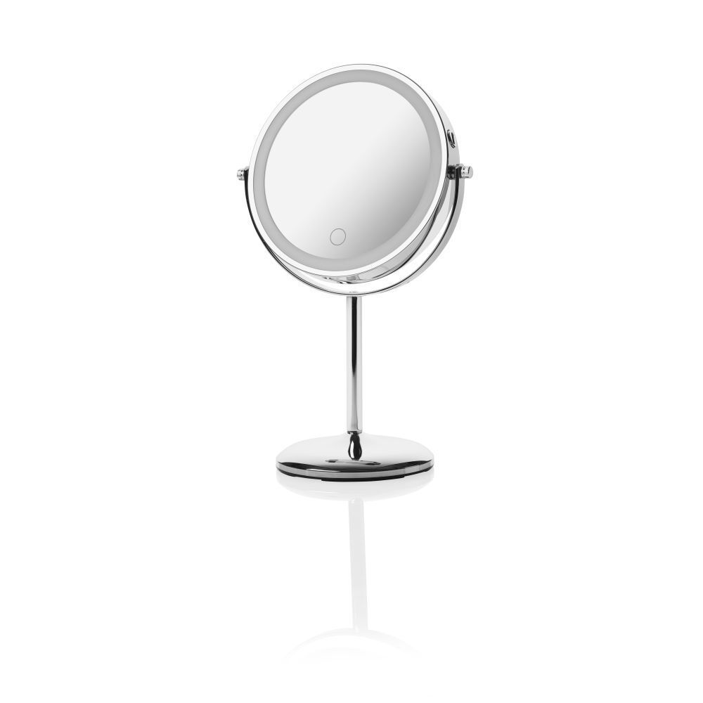 Miroir cosmétique avec éclairage LED. Rond, argenté, avec pied. Diamètre 14,5 cm.