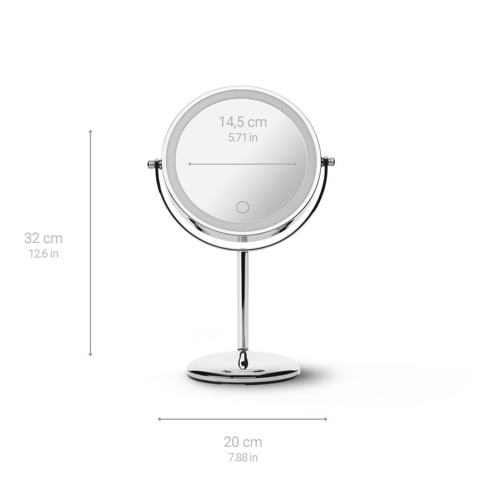 Miroir cosmétique avec éclairage LED. Dimensions : 32 cm de haut, 20 cm de large, miroir 14,5 cm de diamètre.