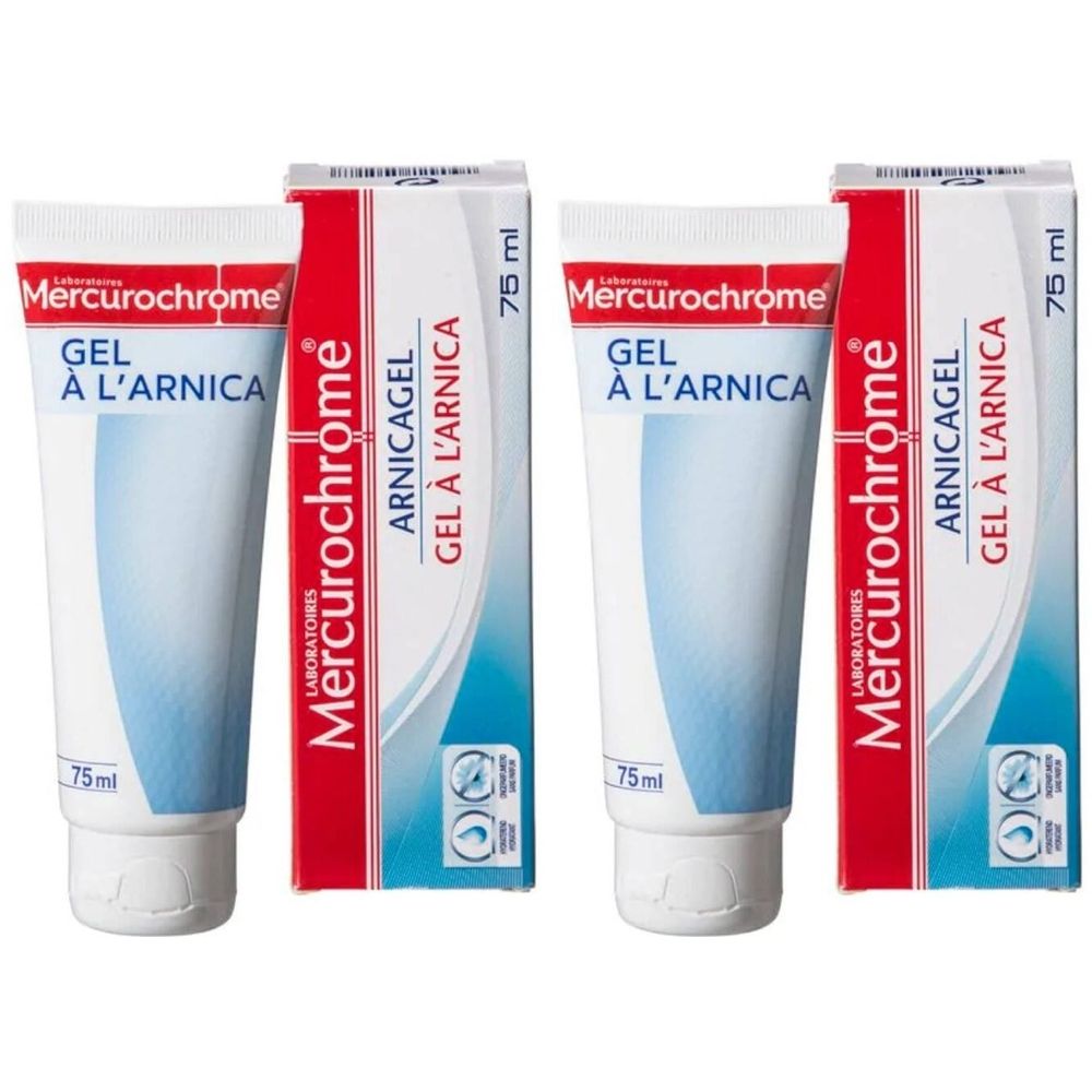 Deux tubes et boîtes de gel à l'arnica Mercurochrome. Tubes blancs, boîtes rouges et blanches, texte.