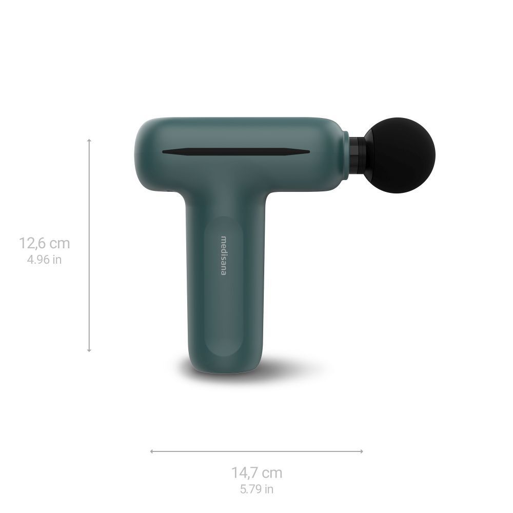 Mini pistolet de massage vert. Dimensions : 12,6 cm x 14,7 cm. Marque : medisana. Le nom du produit et le logo sont visibles.