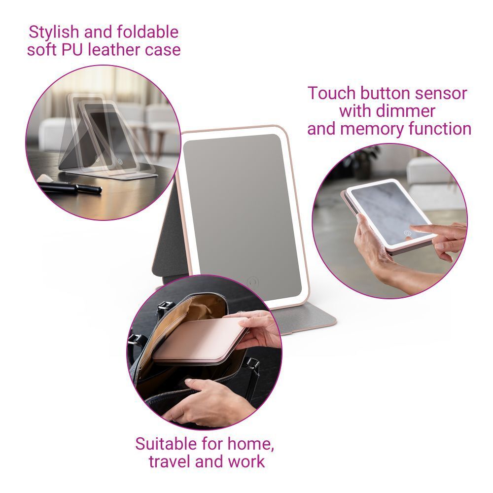 Miroir tablette LED, rose et blanc. Pliable, avec support gris. Images supplémentaires: utilisation, sac.