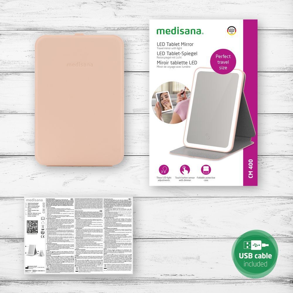 Miroir tablette LED, rose et blanc. Emballage, miroir, manuel, câble USB. Marque: medisana.