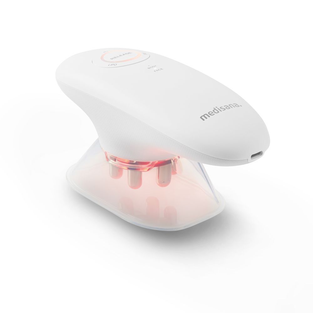 Appareil de massage blanc, medisana. Forme ovale, base avec têtes de massage. LED rouges éclairées.