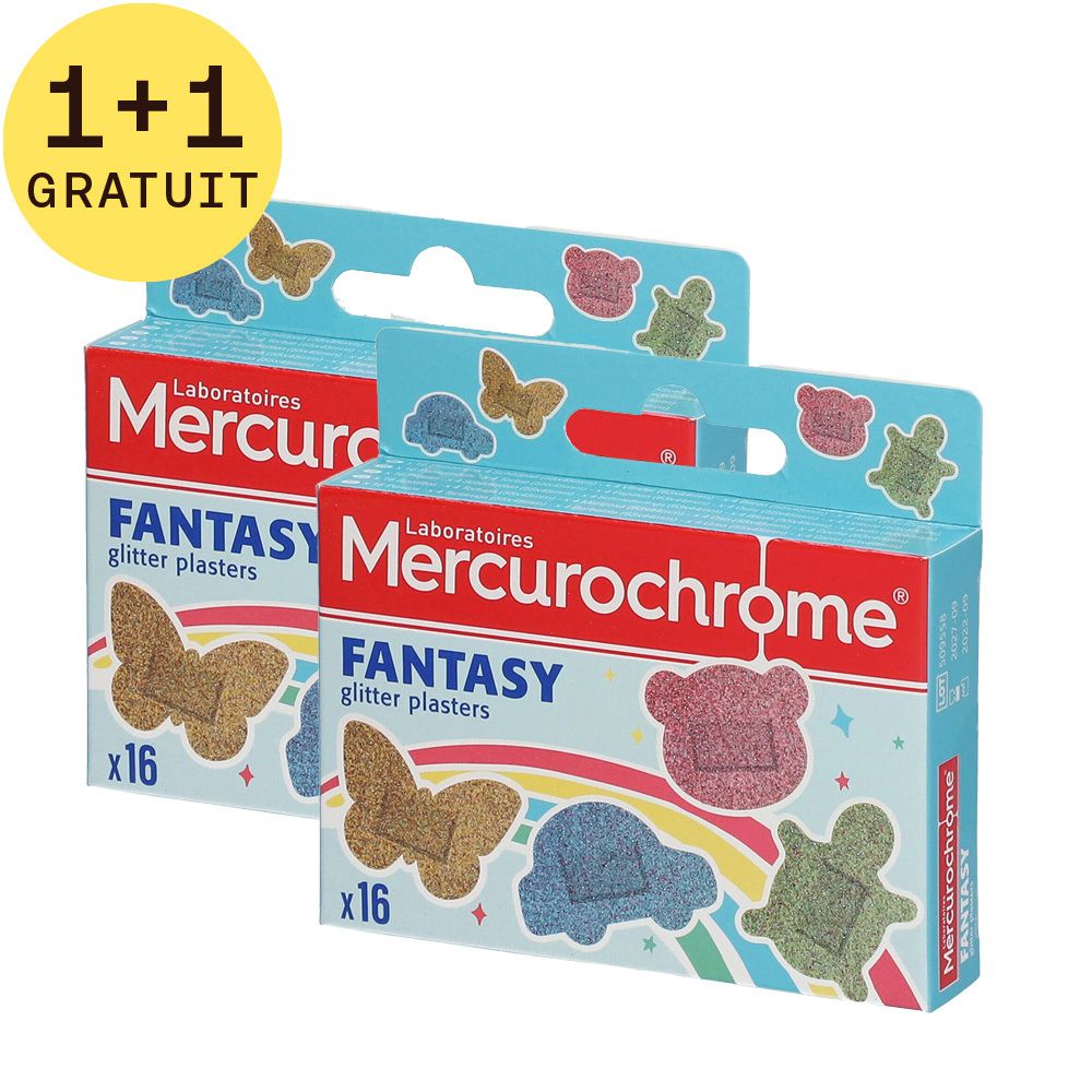 Deux boîtes de pansements Mercurochrome, avec mention 1+1 GRATUIT. Fantasy glitter plasters, x16. Différentes formes.