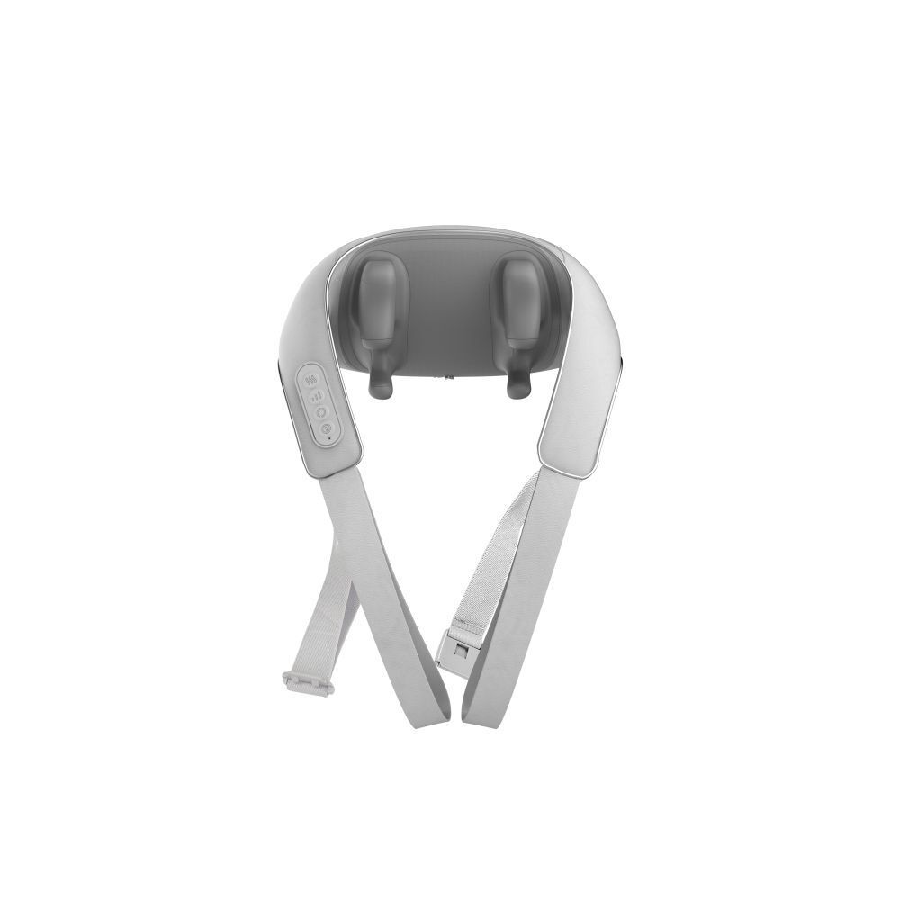 Masseur de cou gris-blanc. Deux têtes de massage, deux sangles. Texte : medisana.