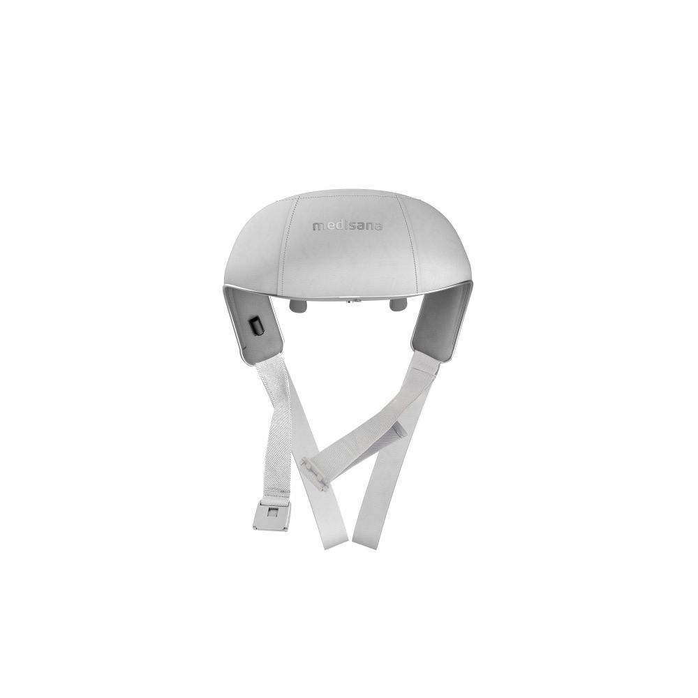 Masseur de cou gris-blanc. Dessus avec texte : medisana. Deux sangles.