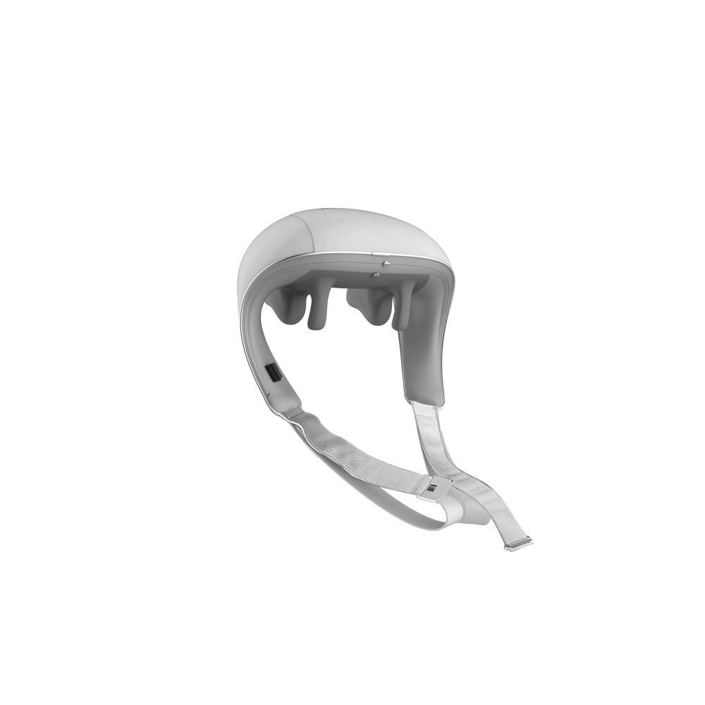 Masseur de cou gris-blanc. Vue de dessous. Deux sangles.