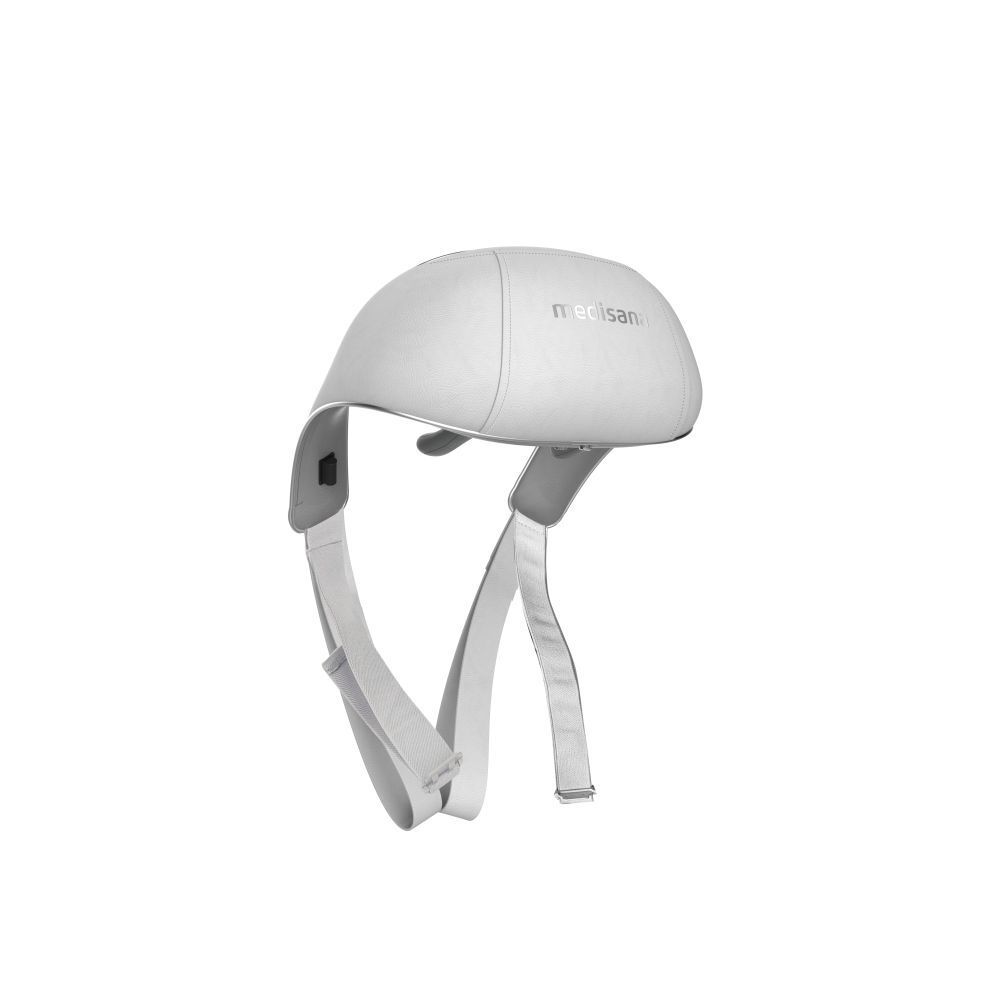 Masseur de cou gris-blanc. Vue de dessus. Texte : medisana. Deux sangles.